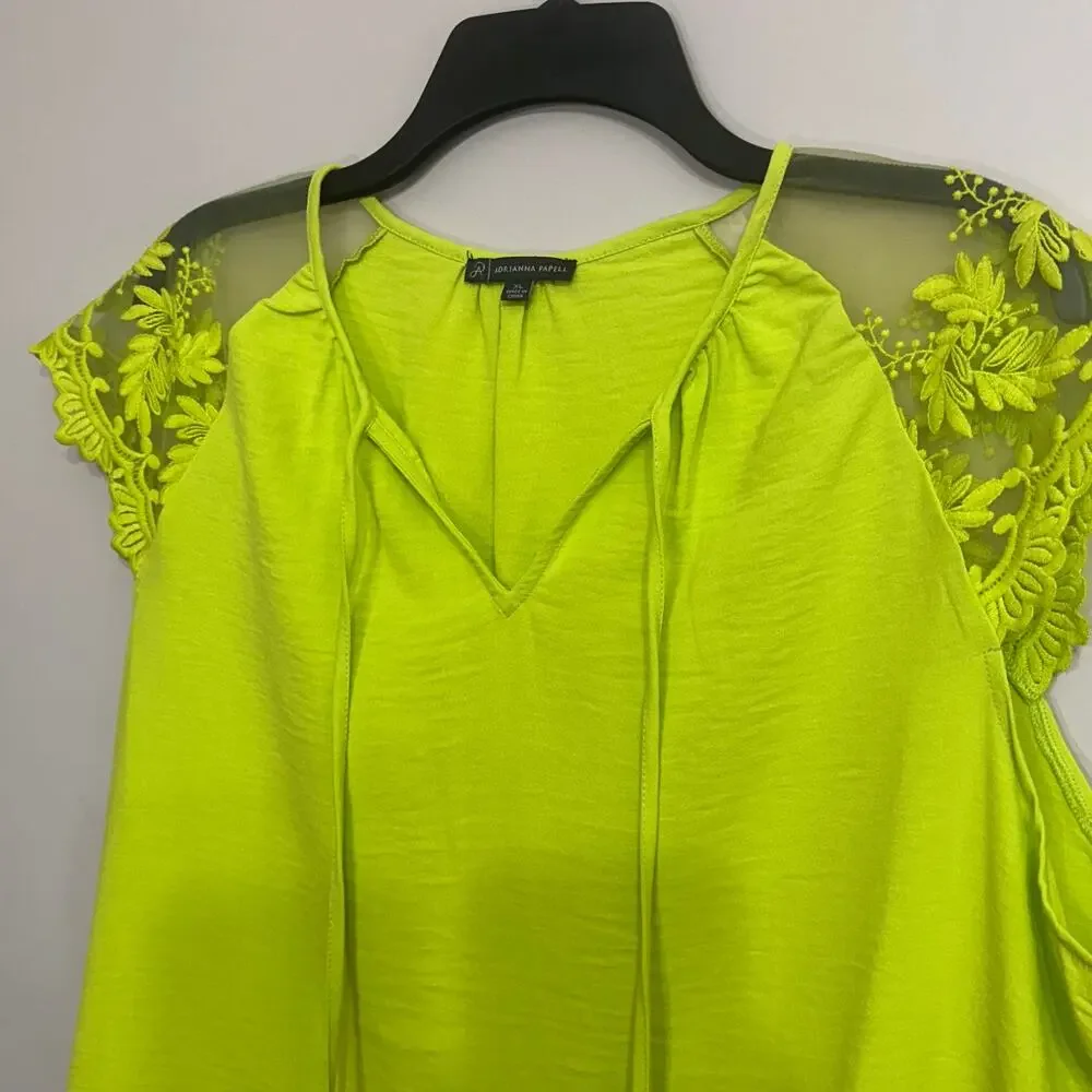 Adrianna Papell Neon Lime Lace Cold Shoulder Blouse XL - Picture 3 of 8